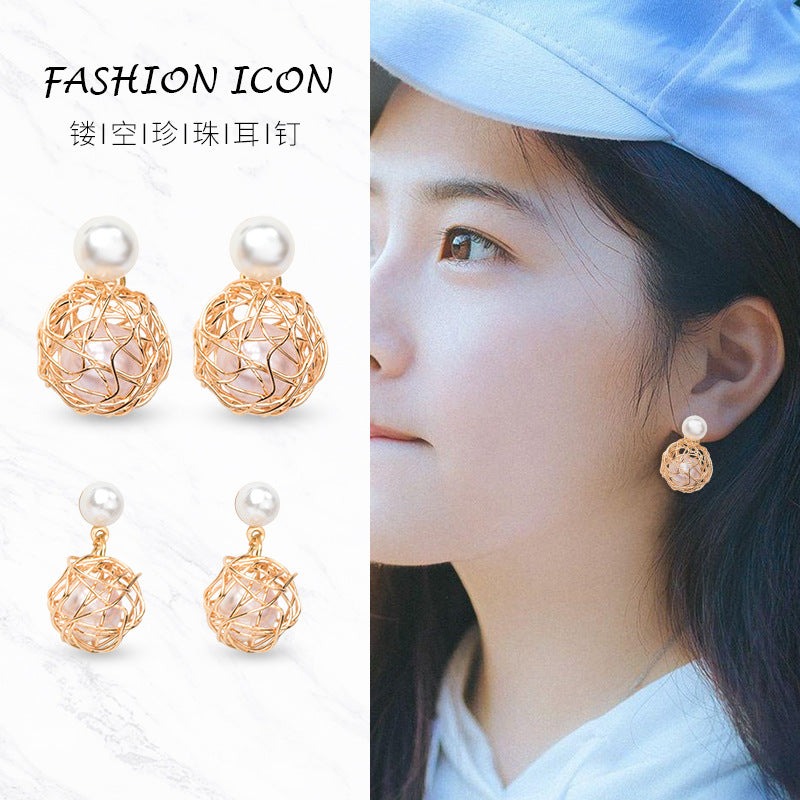 珍珠金屬幾何兩用耳釘－商品主圖｜https://igowo.tw/