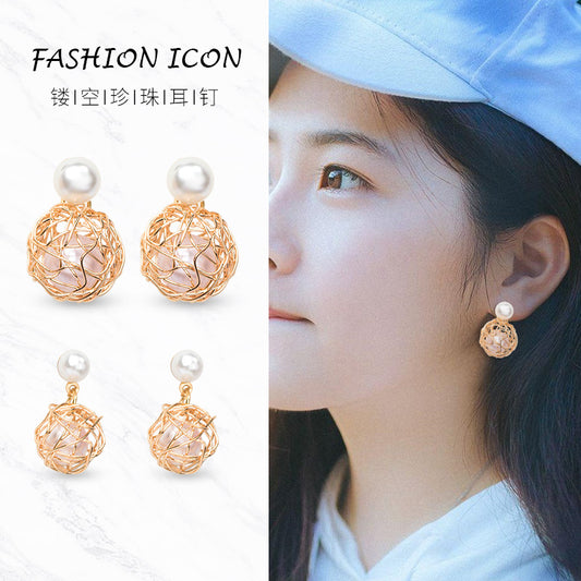 珍珠金屬幾何兩用耳釘－商品主圖｜https://igowo.tw/
