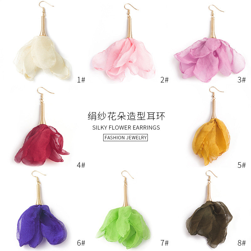 蕾絲網紗花朵立體耳環－3#紫色款實拍｜https://igowo.tw/