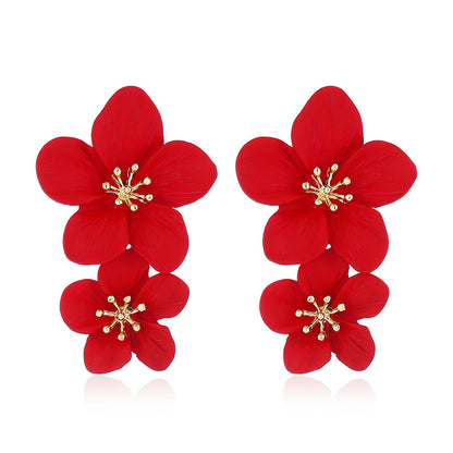 花朵雙層長版耳環－玫紅色款細節3｜https://igowo.tw/