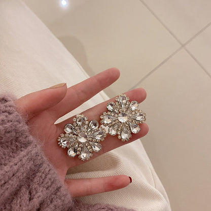 銀針滿鉆花朵耳環歐美夸張復古氣質耳釘簡約時尚輕奢個性耳飾批發