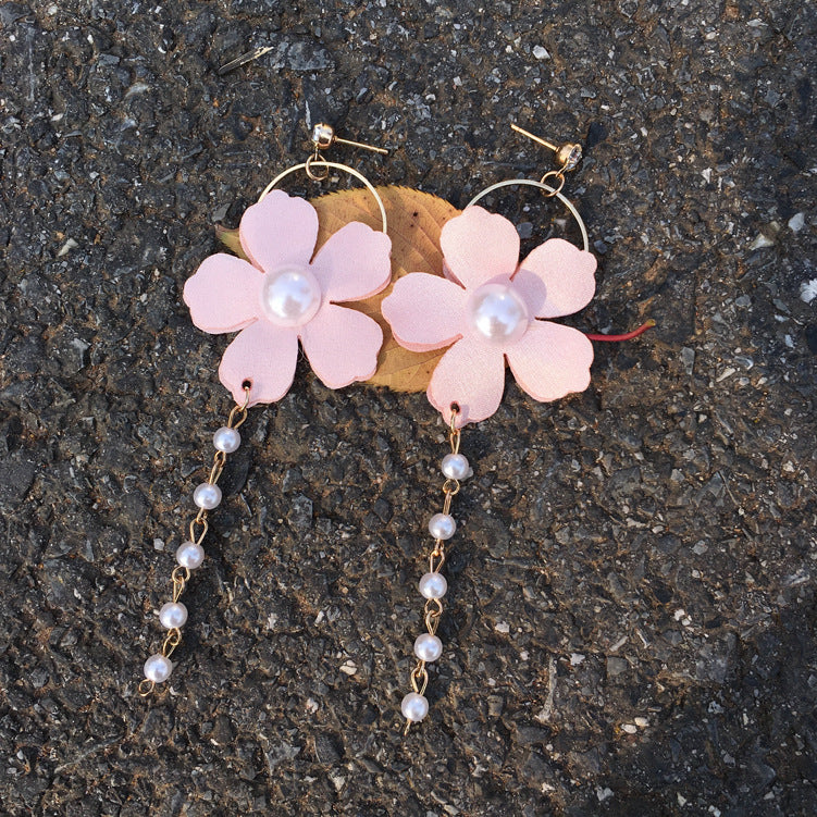 珍珠花朵圓圈流蘇耳釘
