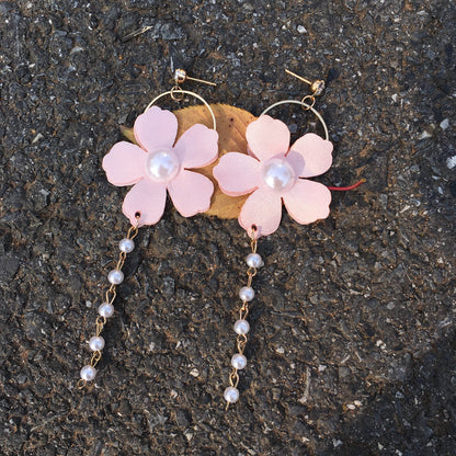 珍珠花朵圓圈流蘇耳釘