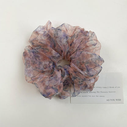 網紗碎花復古髮圈－藍橘色碎花款細節｜https://igowo.tw/