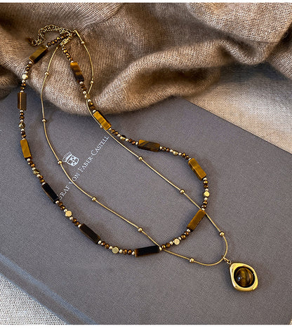 金色虎眼石墜飾項鍊－20#項鍊-金色-咖色款細節｜https://igowo.tw/