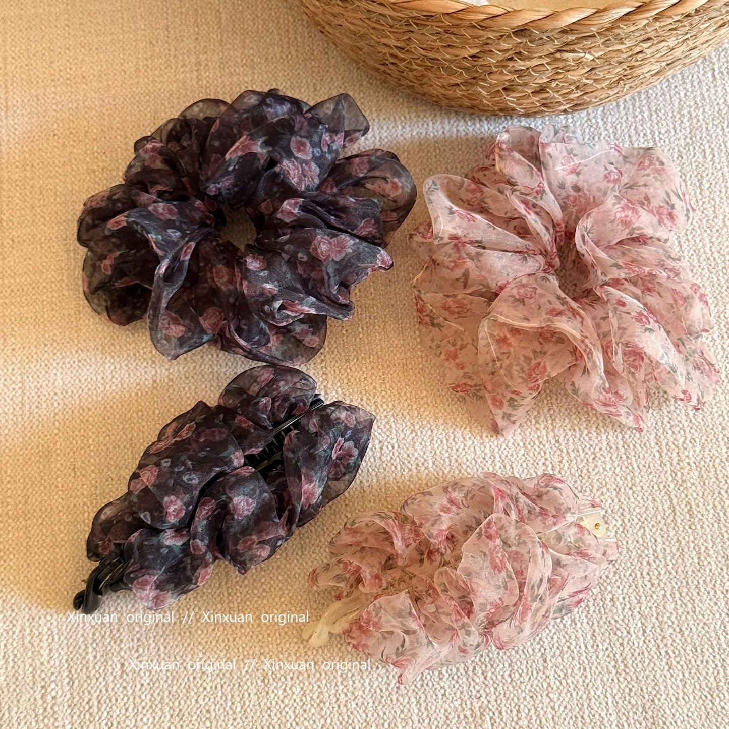 網紗碎花復古髮圈－商品主圖｜https://igowo.tw/