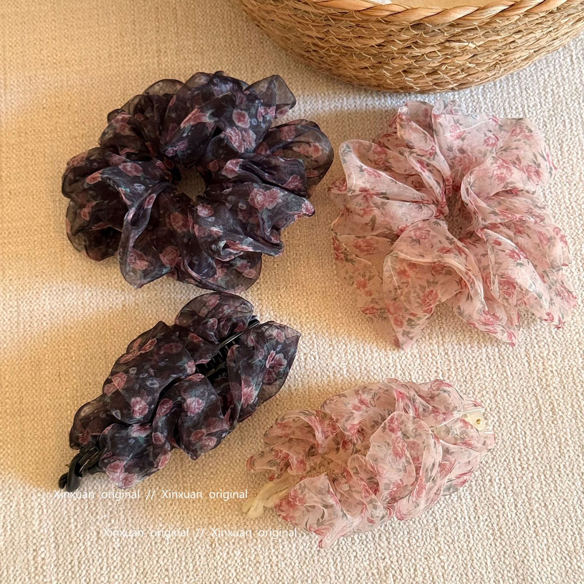網紗碎花復古髮圈－商品主圖｜https://igowo.tw/