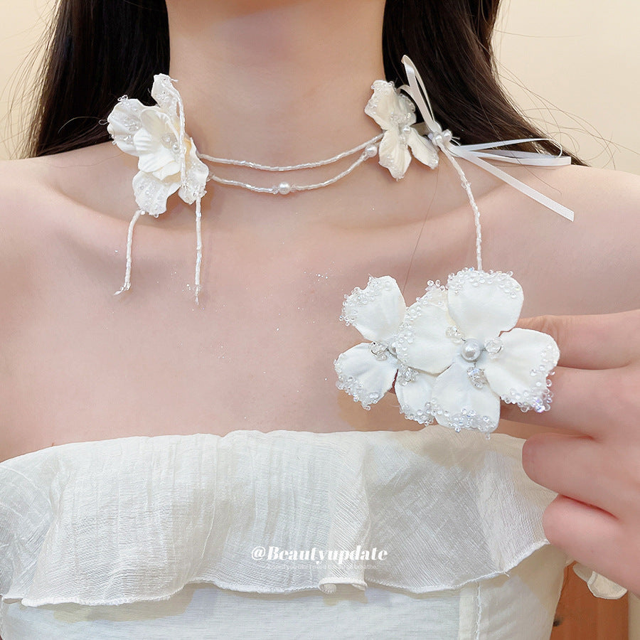 緞帶花朵項鍊耳環組－商品主圖｜https://igowo.tw/