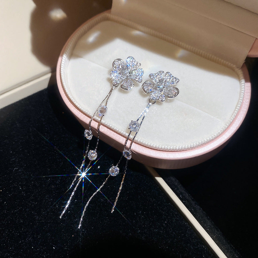 銀針冷淡風鋯石圓形花朵流蘇耳釘個性ins耳墜耳環輕奢高級感耳飾