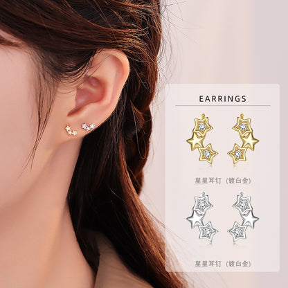 S925 鑲鋯星星耳釘女款輕奢小眾時尚簡約高顏值設計五角星耳飾