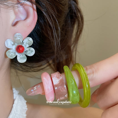 夏日多巴胺樹脂幾何C形花朵耳釘套裝女小眾設計感耳環少女風耳飾