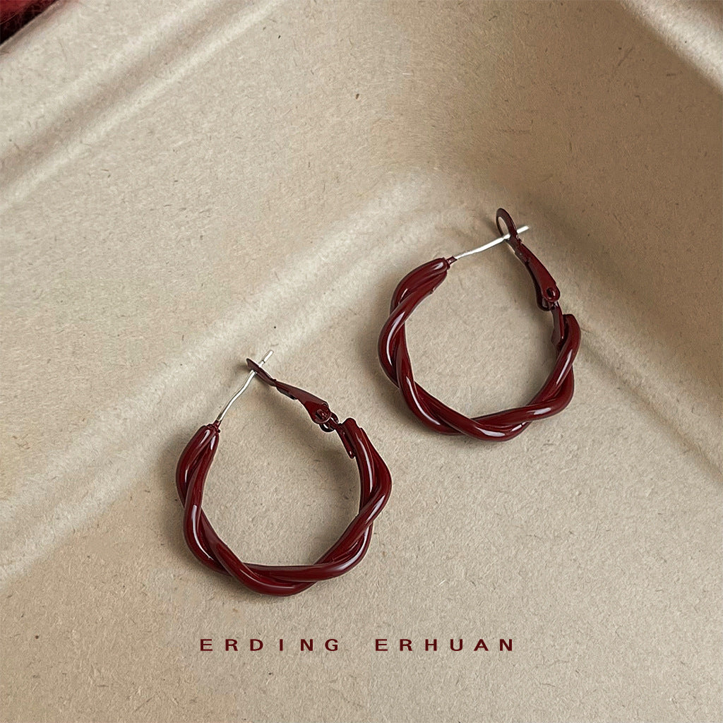 紅色扭紋圓圈復古耳環－商品主圖｜https://igowo.tw/