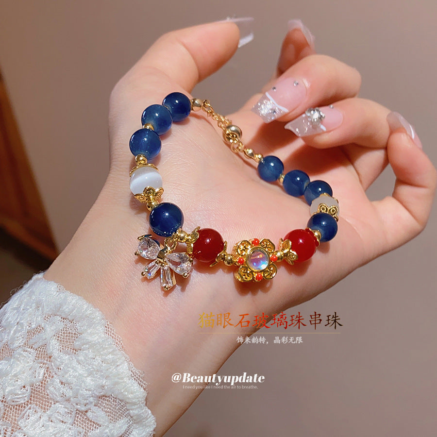 鋯石蝴蝶結貓眼石玻璃珠串珠抽拉式手鏈時尚氣質手串高級感手飾女