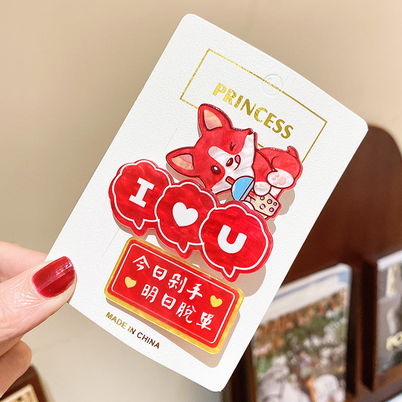 紅色卡通復古髮夾－狐貍3件套款細節2｜https://igowo.tw/