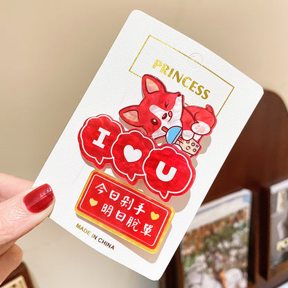 紅色卡通復古髮夾－狐貍3件套款細節2｜https://igowo.tw/