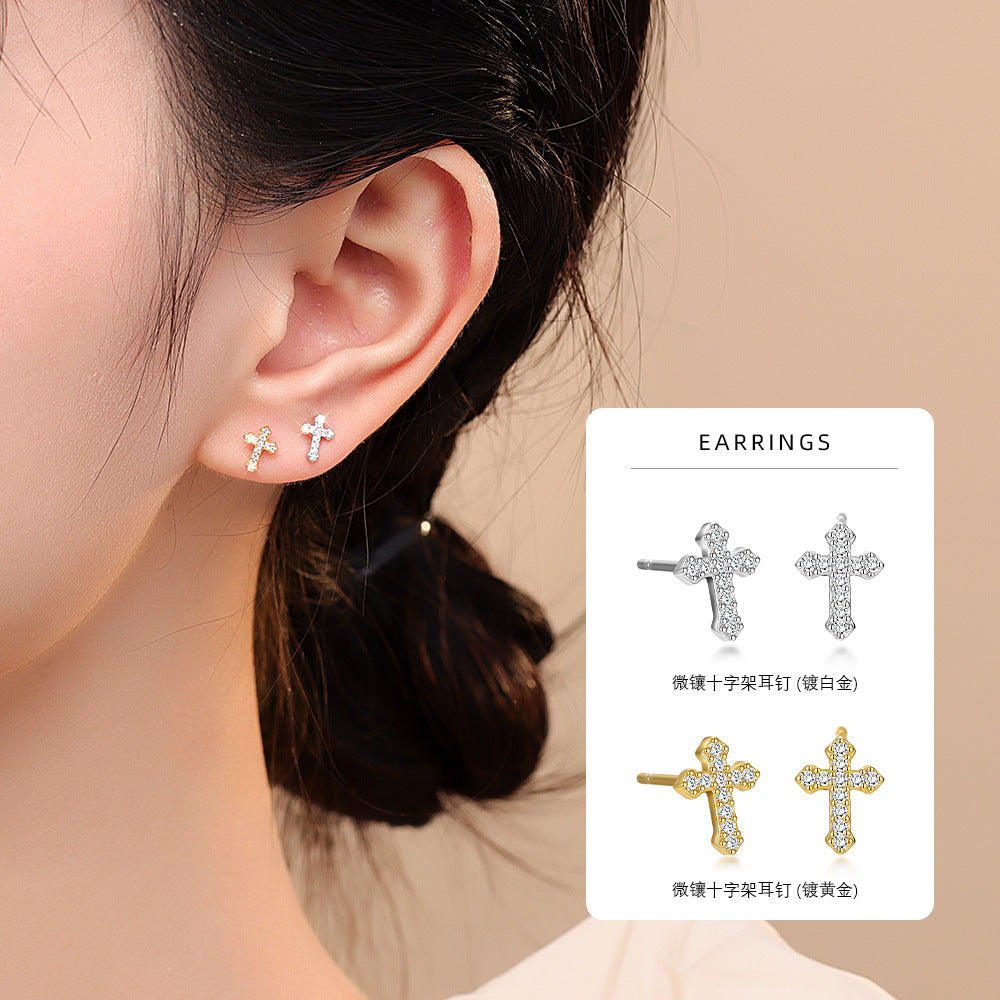 S925 鑲鋯十字架耳釘輕奢風小眾個性潮酷ins風百搭鍍K金耳飾品