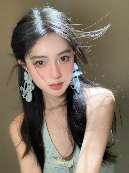 銀針鑲鉆鏤空花朵流蘇耳環女歐美時尚氣質耳釘輕奢高級感耳飾批發