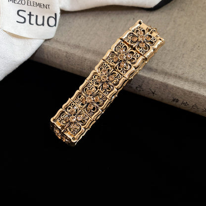 鑲鉆方形花朵鏤空拼接彈力繩手鏈復古做舊手環手串小眾設計感手飾