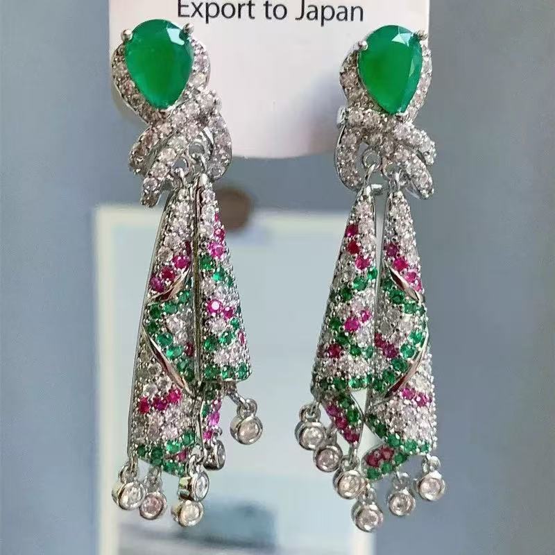 銀針歐美跨境鑲鉆彩色流蘇耳釘時尚氣質耳環設計感耳飾輕奢高級感