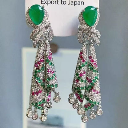 銀針歐美跨境鑲鉆彩色流蘇耳釘時尚氣質耳環設計感耳飾輕奢高級感