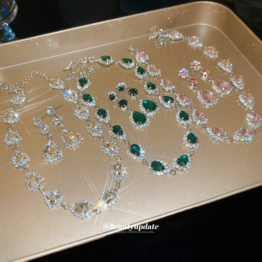 鑲鉆水滴項鏈耳環套裝中古vintage氣質鎖骨鏈輕奢高級感頸鏈批發
