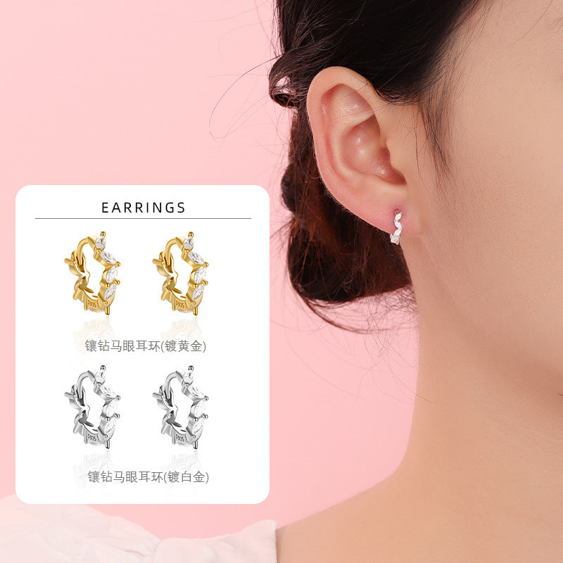 S925 鑲鑽馬眼鋯石不規則耳環女簡約高級感歐美外貿耳扣