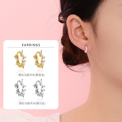 S925 鑲鑽馬眼鋯石不規則耳環女簡約高級感歐美外貿耳扣