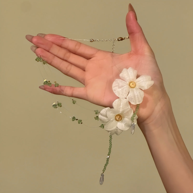 水晶花朵項鍊耳環組－項鍊-藍色-綠色-米色款實拍｜https://igowo.tw/