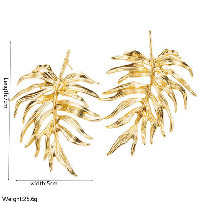 S925樹葉復古誇張耳環－銀魚刺款實拍｜https://igowo.tw/