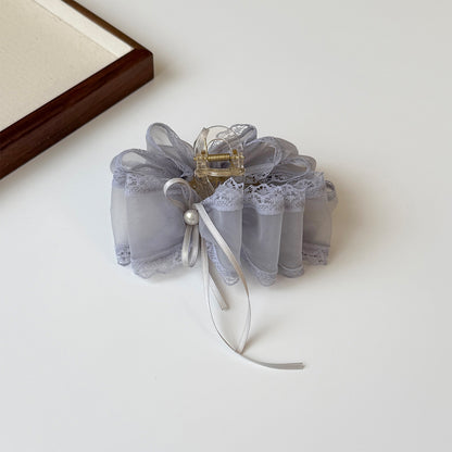 網紗蕾絲蝴蝶結髮夾－藍紫彈簧夾款細節｜https://igowo.tw/