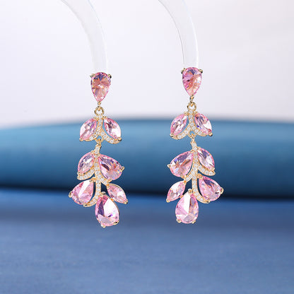 S925鋯石樹葉水滴微鑲耳環