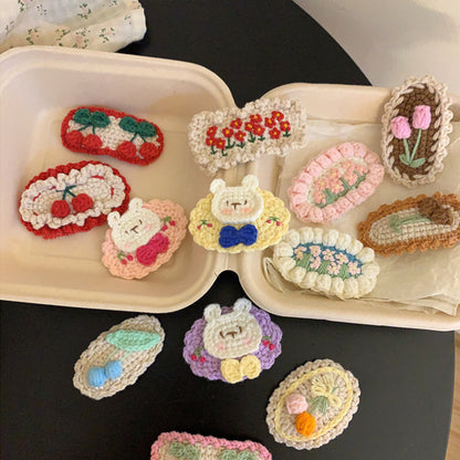 櫻桃卡通刺繡編織髮夾－米白小花髮夾款細節｜https://igowo.tw/