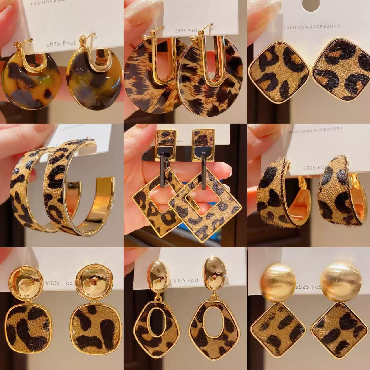 銀針皮革豹紋幾何耳環復古美拉德氣質高級感耳釘時尚日常通勤耳飾