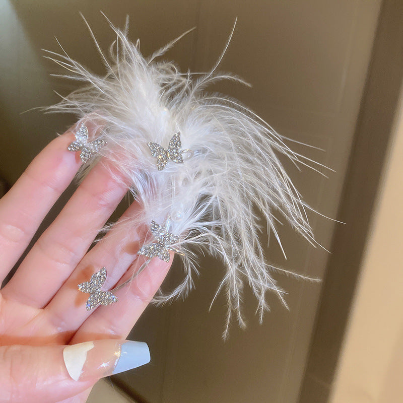 彩色羽毛流蘇鑲鑽耳環