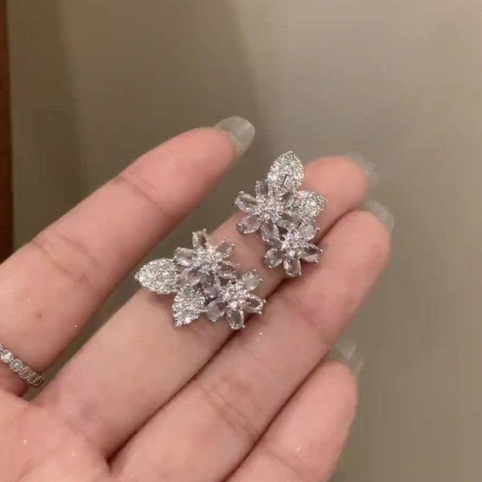 銀針鋯石花朵葉子精致時尚耳釘輕奢高級感氣質耳環名媛風百搭耳飾