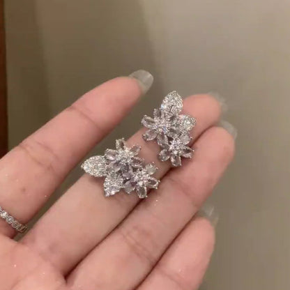 銀針鋯石花朵葉子精致時尚耳釘輕奢高級感氣質耳環名媛風百搭耳飾