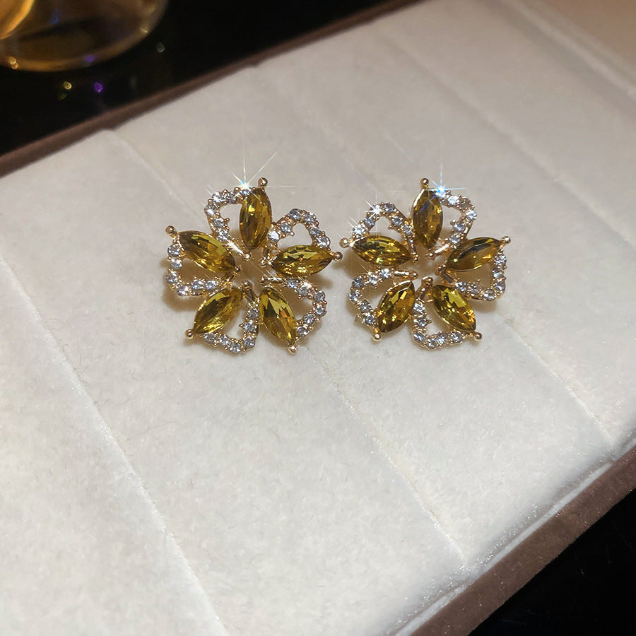 鋯石花朵流蘇垂墜耳釘－42#銀針-綠色款細節37｜https://igowo.tw/