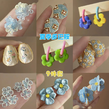 銀針花朵滴油鑲鉆耳釘夏季小清新藍色系耳環時尚百搭高級感耳飾女