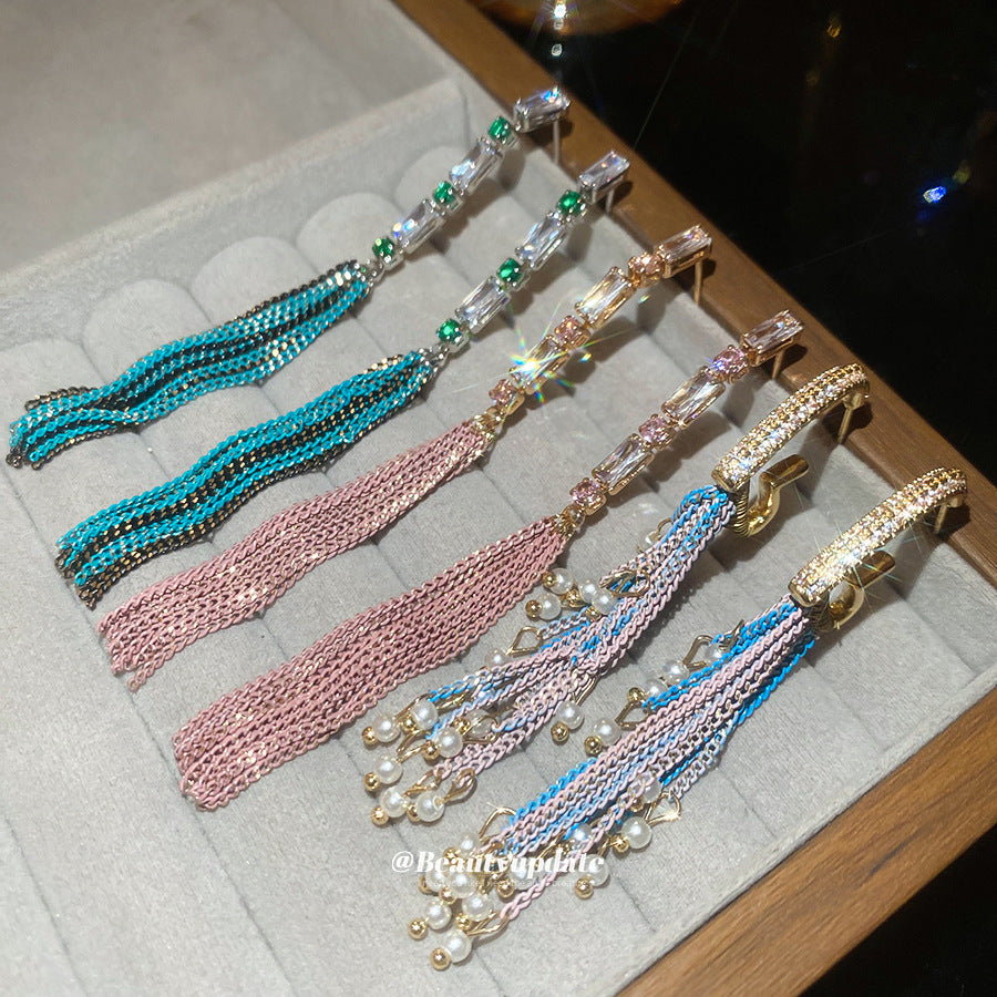 銀針鋯石心形珍珠鏈條長款流蘇耳環復古宮廷風耳釘輕奢高級感耳飾