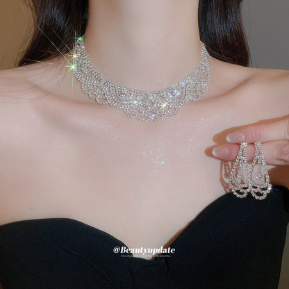 宮廷風鑲鉆圓形花邊項鏈耳釘個性時尚重工首飾套裝歐美跨境飾品女