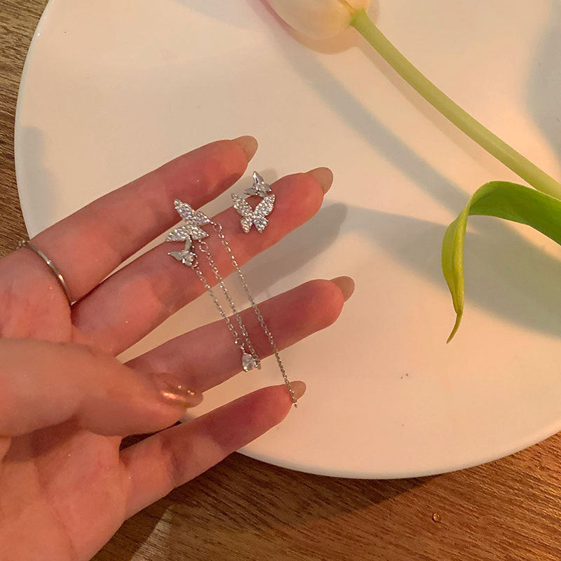 S925不對稱長款蝴蝶耳環