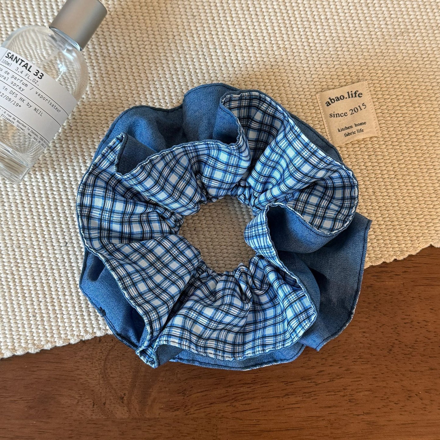藍色蕾絲格紋復古髮圈