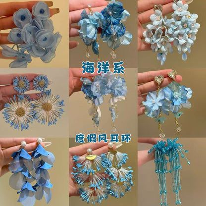 銀針雪紡花米珠流蘇耳環度假風百搭耳釘女清新甜美耳飾小眾高級感