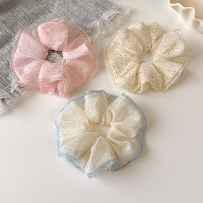 網紗波點大腸圈髮圈－粉色波點花邊髮圈款細節｜https://igowo.tw/