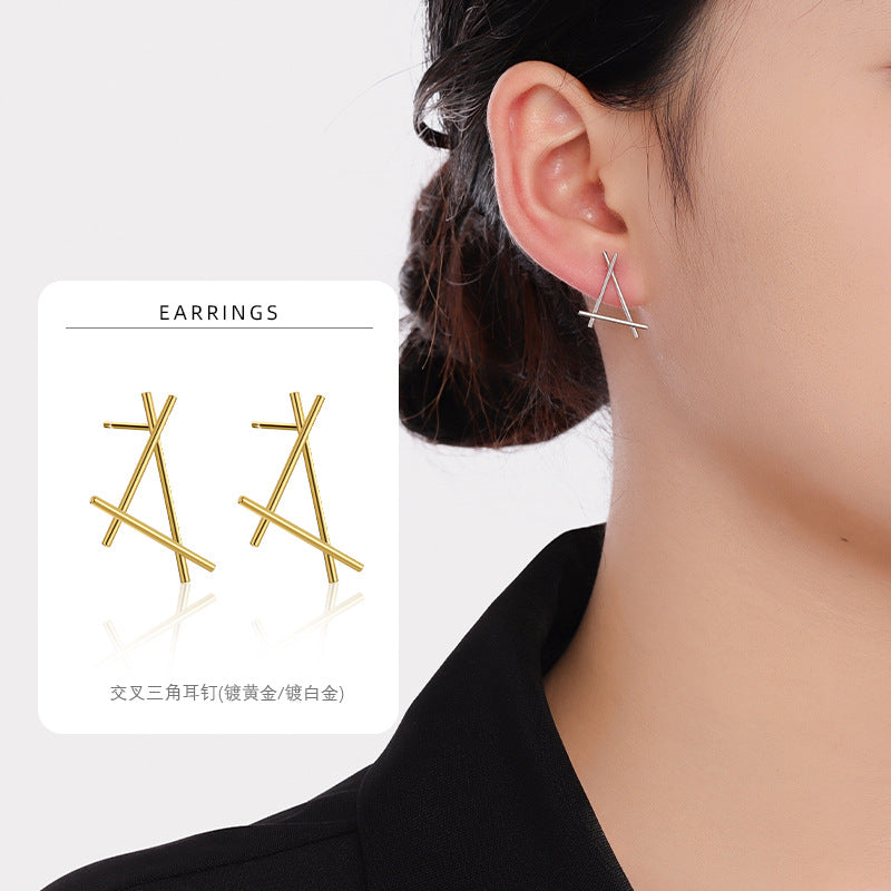 S925 三角形耳釘女簡約冷淡風個性幾何線條不對稱小眾精致耳飾
