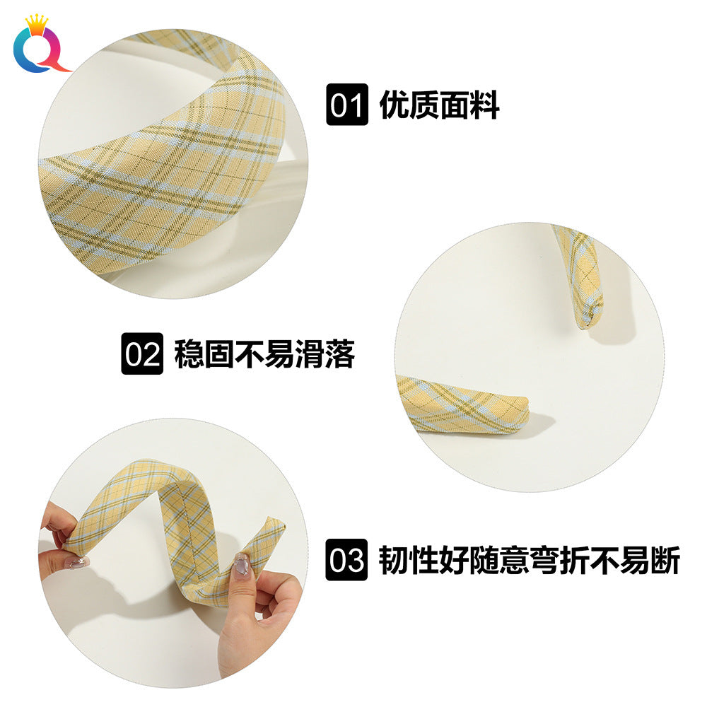 布面格紋寬版髮箍－第二視角實拍｜https://igowo.tw/