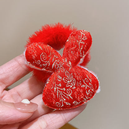 紅色絨面蝴蝶結髮圈－亮片款小熊款細節4｜https://igowo.tw/