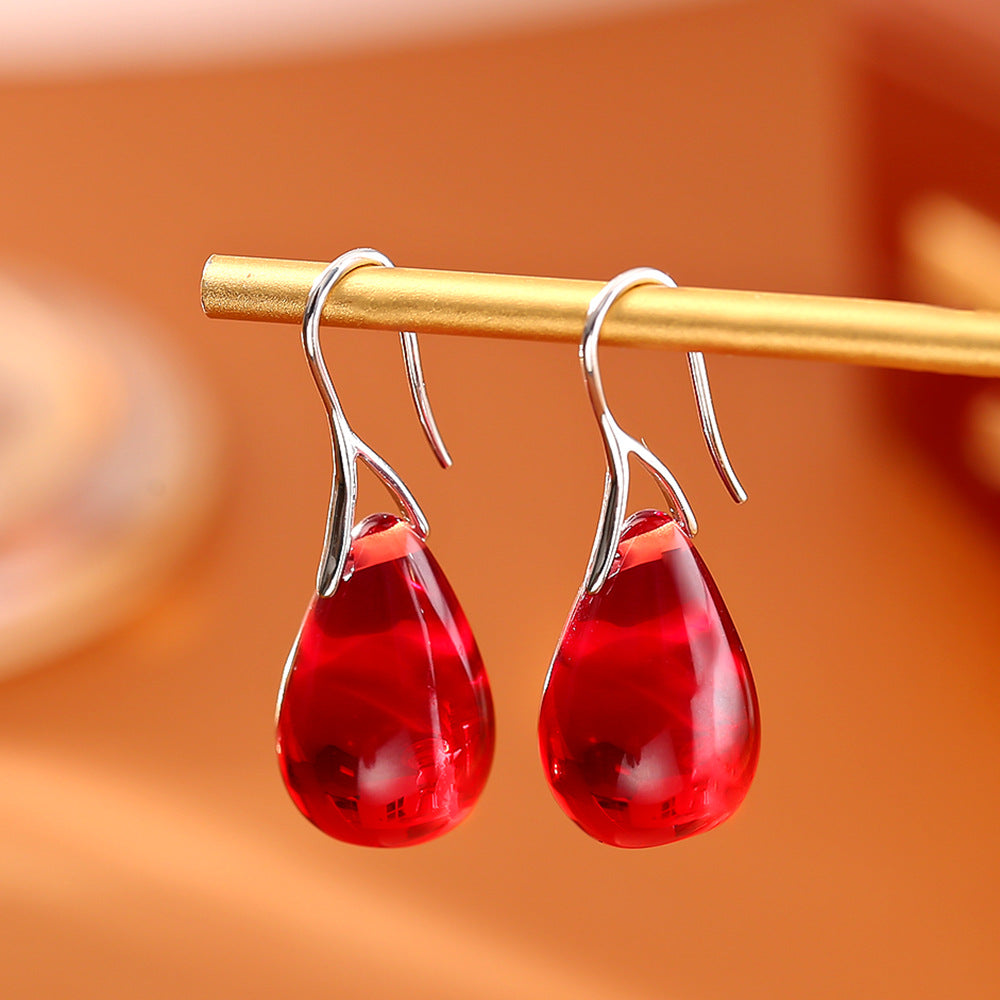 紅色水滴復古誇張耳環－銀色耳環款實拍｜https://igowo.tw/