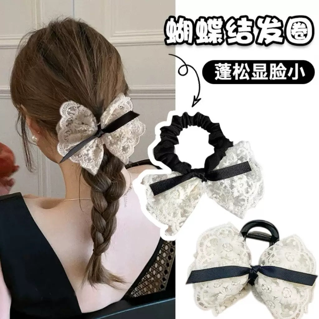 蕾絲蝴蝶結刺繡髮圈－商品主圖｜https://igowo.tw/