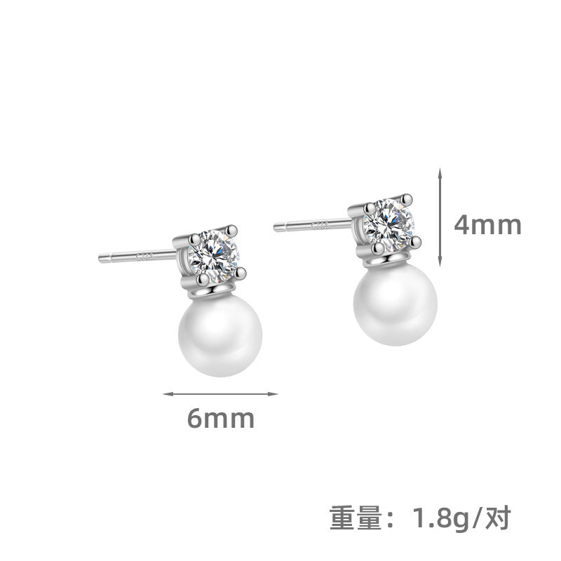 S925 王妃四爪鑲鑽項鏈耳釘套裝女時尚簡約合成珍珠高級感耳飾